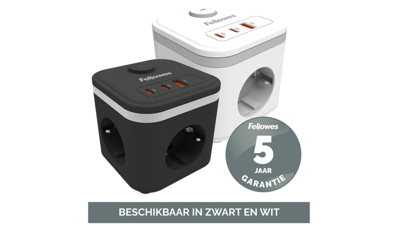 Stekkerblok Fellowes Power Cube F 3vdg 1xUSB A 2xUSB C 2 meter zwart