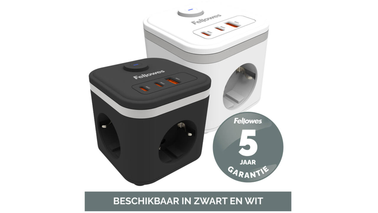 Stekkerblok Fellowes Power Cube F 3 voudig 1xUSB A 2xUSB C 2 meter wit