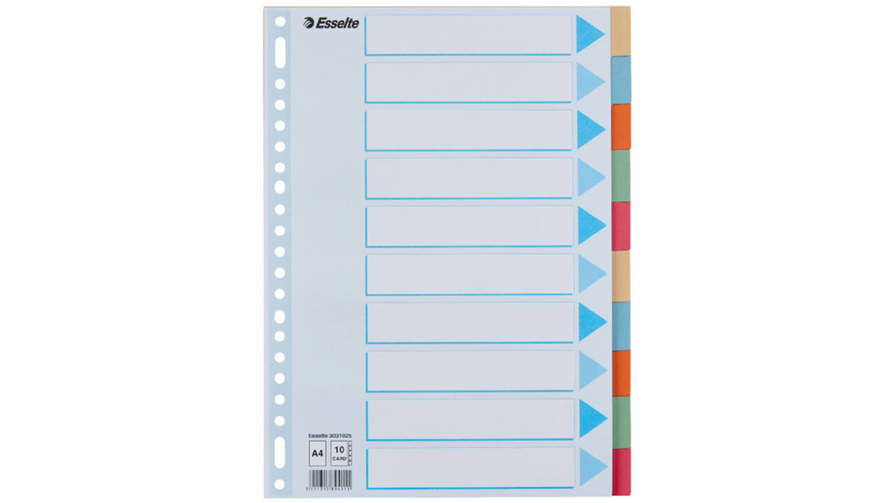 Tabbladen Esselte Premium A4 10-delig karton 23-rings assorti