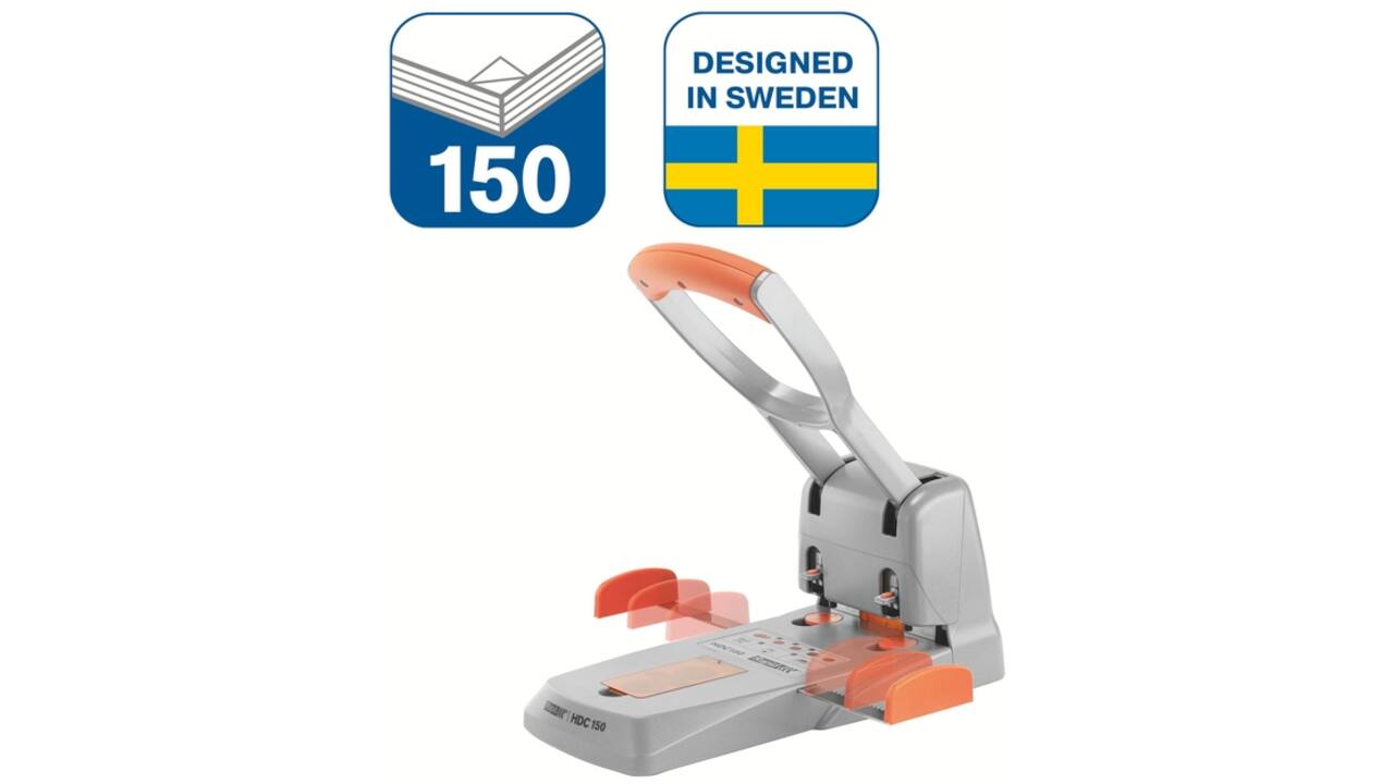 Perforator Rapid Supreme HDC150/2 heavy duty 2-gaats 150 vel zilver/oranje