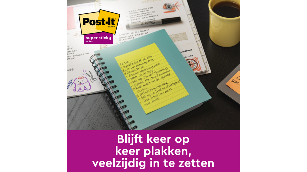 Memoblok Post-it 4690 Super Sticky 101x152mm lijn Rio