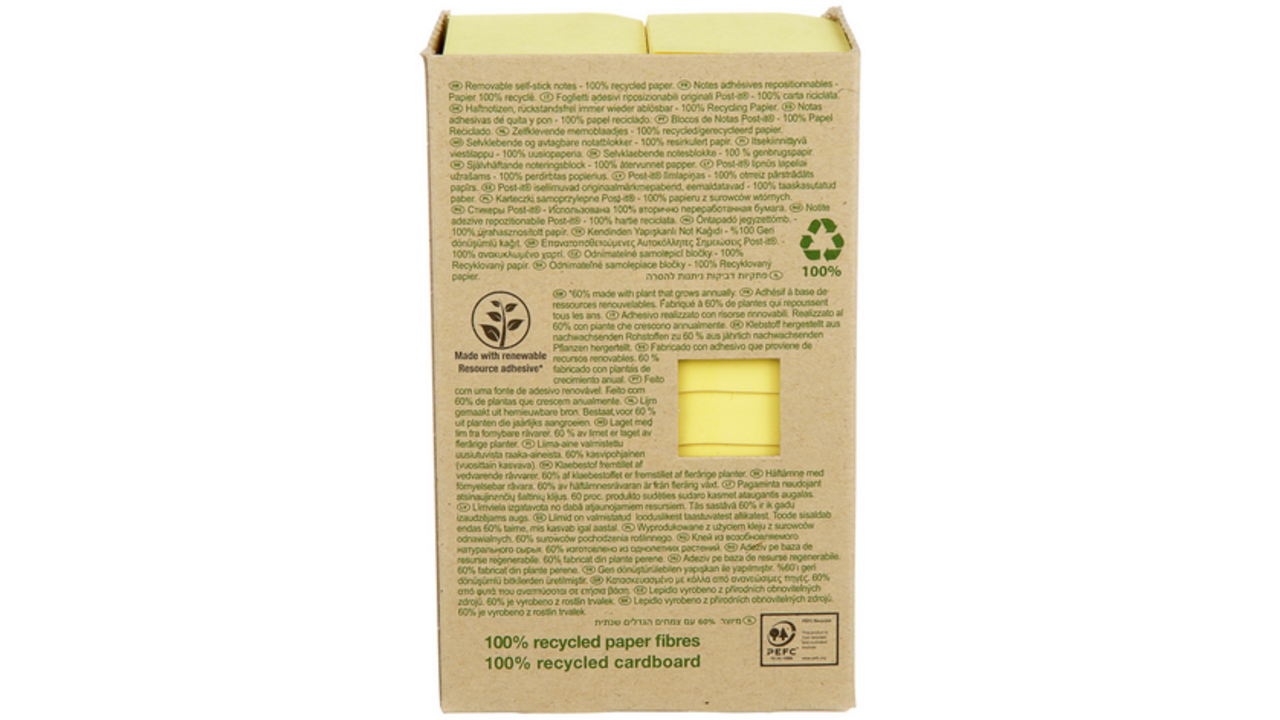 Memoblok Post-it 653 38x51mm recycled geel