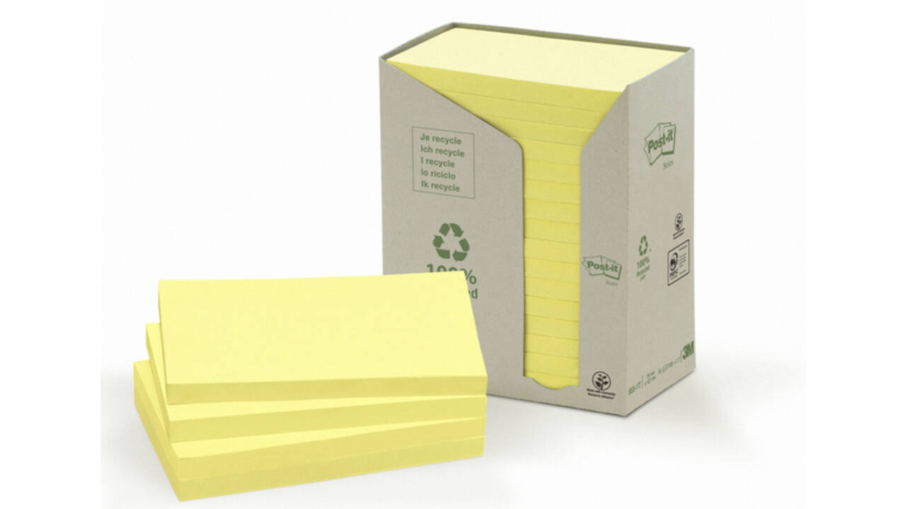 Memoblok Post-it 655 76x127mm recycled geel 16x100 vel
