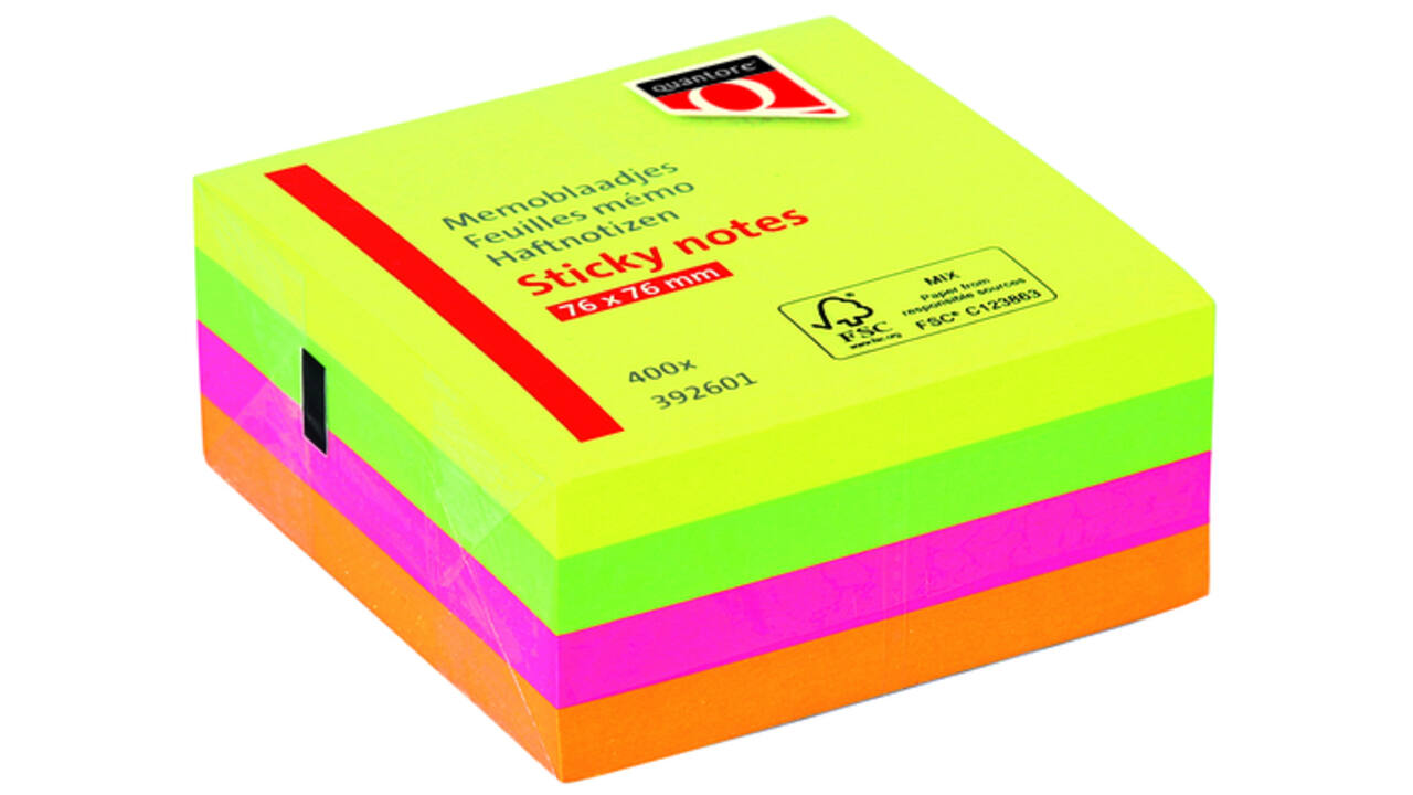Memoblok Quantore 76x76mm neon kleuren assorti 4 kleuren