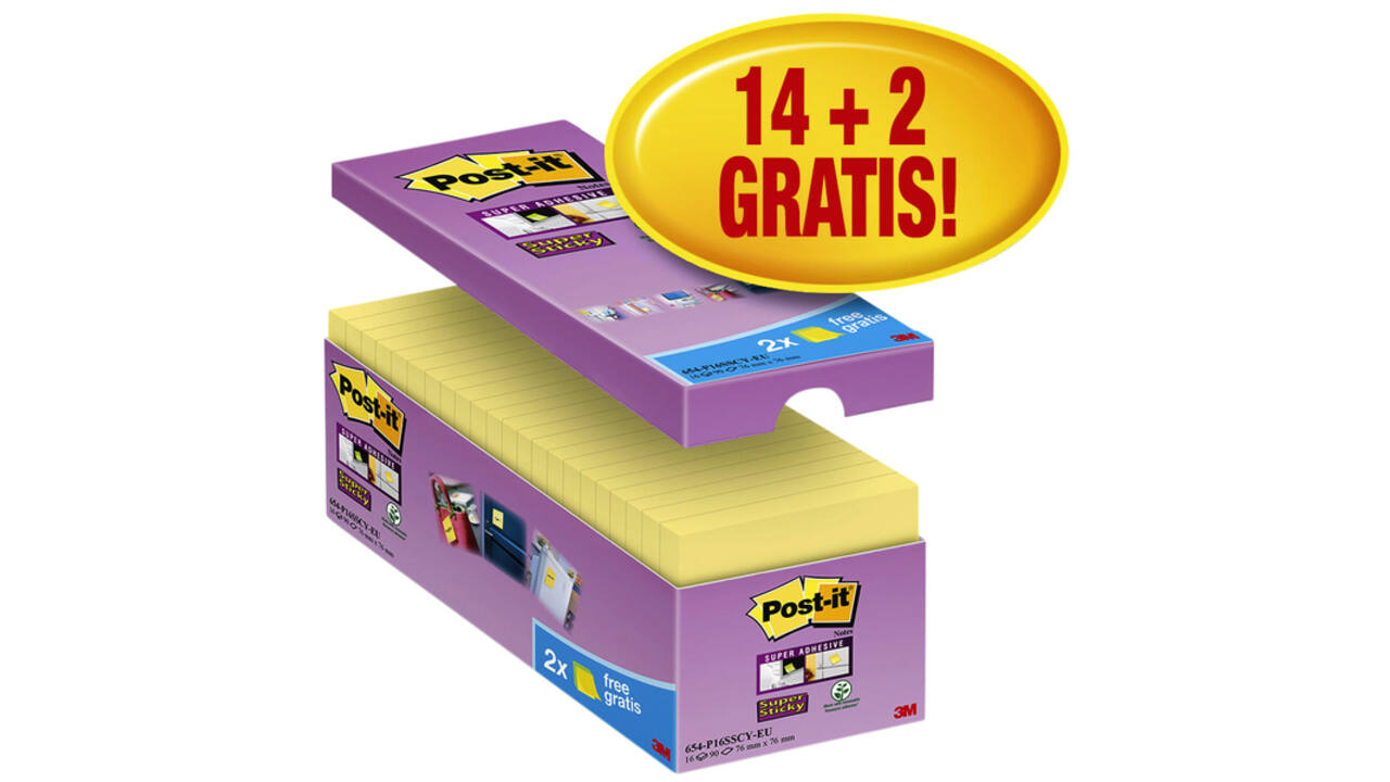 Memoblok Post-it 654 Super Sticky 76x76mm geel 14+2 gratis