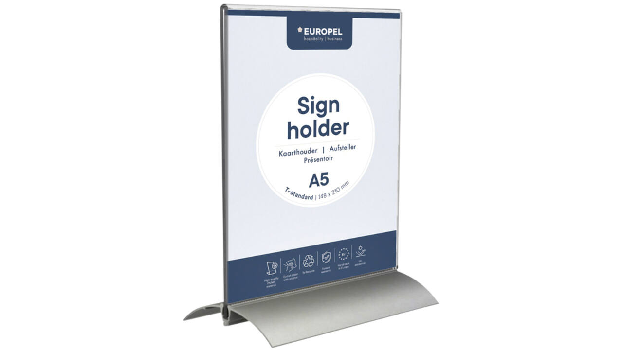 Kaarthouder Europel T-standaard A5 staand acryl / aluminium