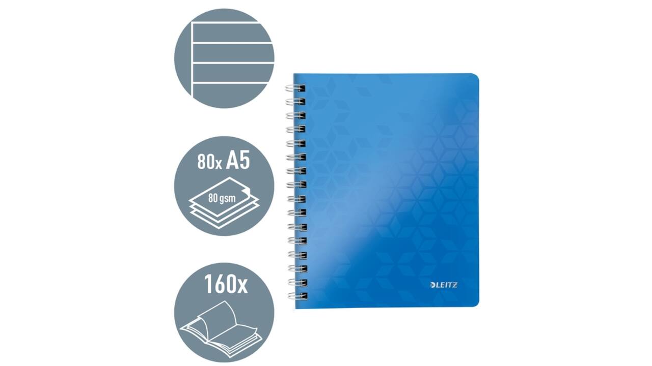 Notitieboek Leitz WOW A5 spiraal PP lijn blauw