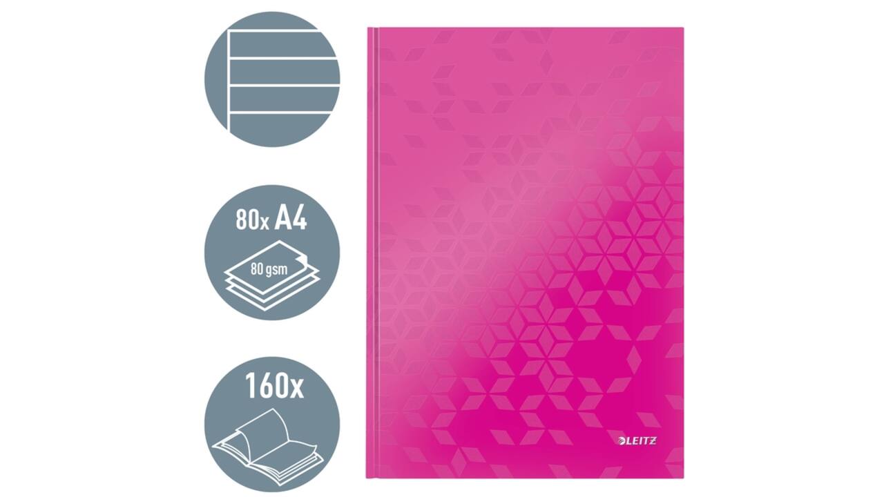 Notitieboek Leitz WOW A4 160blz 90gr lijn roze
