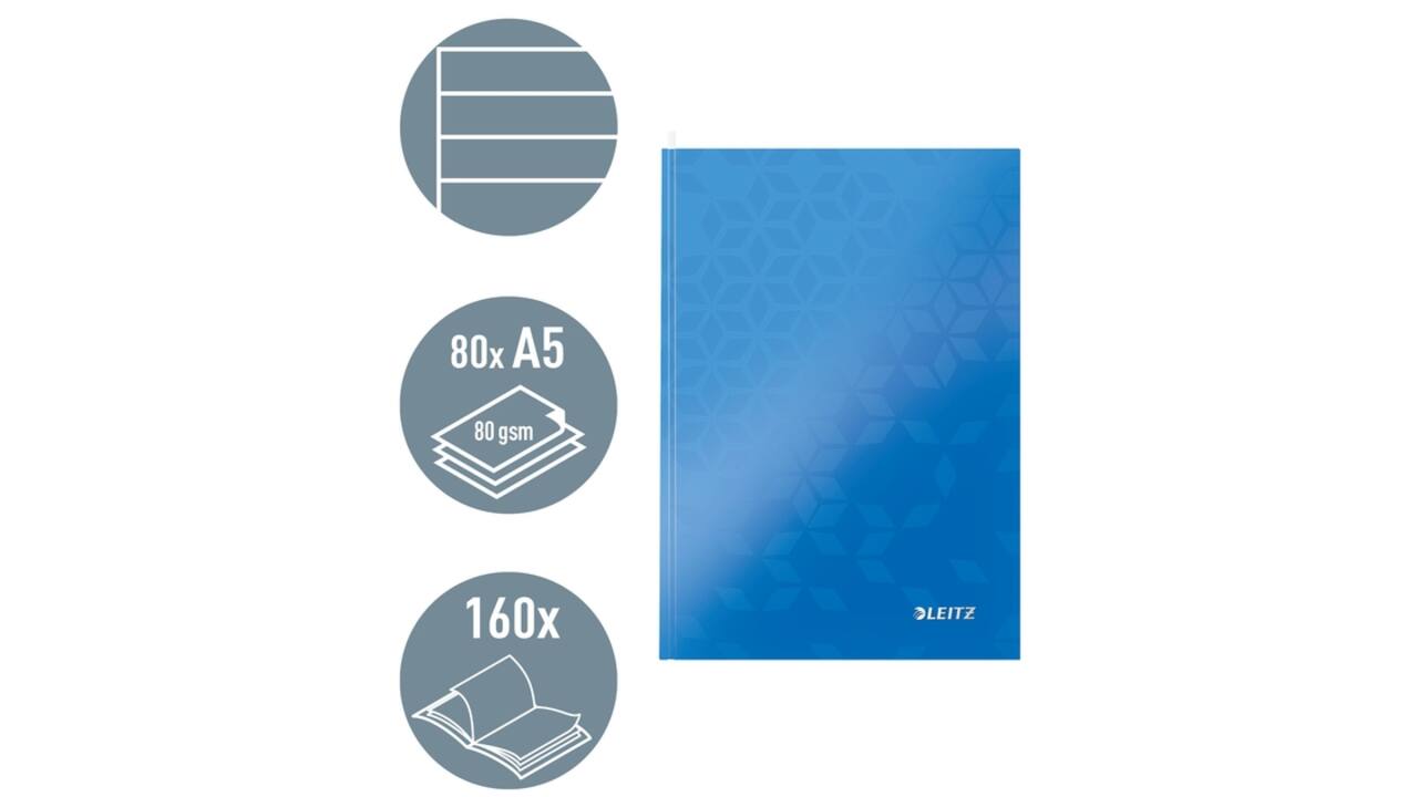 Notitieboek Leitz WOW A5 160blz 90gr lijn blauw