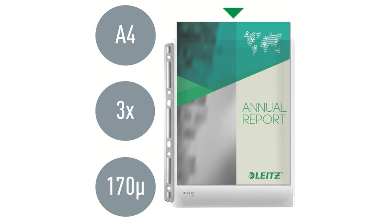 Harmonica showtas Leitz Premium 0.17mm metalen perforatiestrip copy safe A4 glashelder 3 stuks
