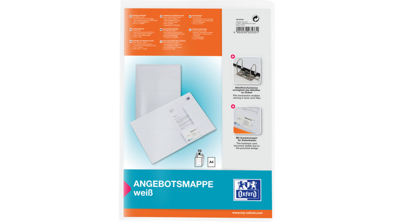Offertemap Oxford A4 met insteektas 2 kleppen 0.5mm PP wit