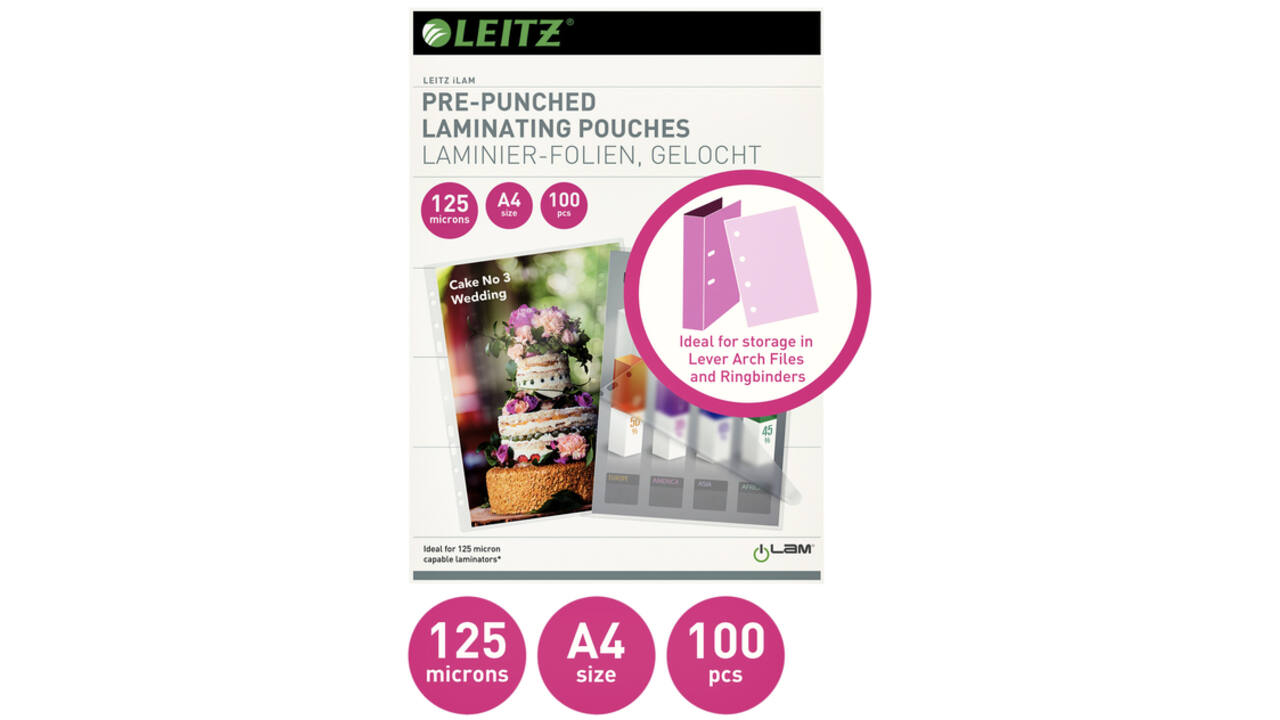 Lamineerhoes Leitz iLAM A4 met perforatieband 2x125micron EVA 100 stuks
