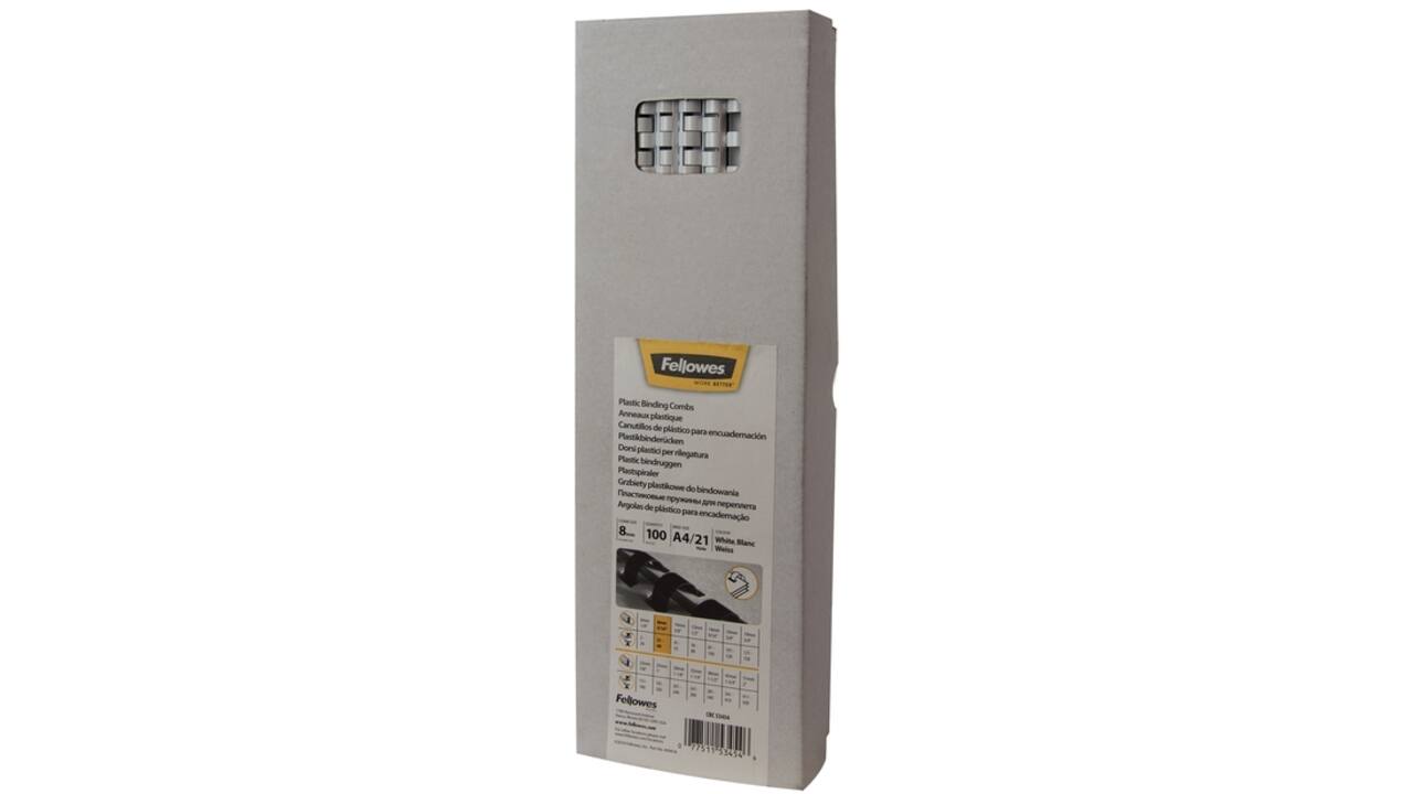 Bindrug Fellowes 8mm 21rings A4 wit 100stuks