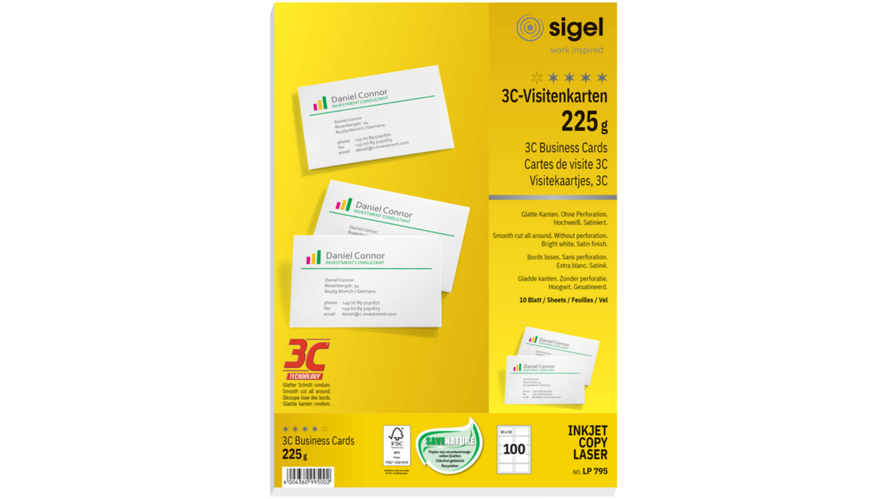 Visitekaart Sigel 85x55mm 225gr gladde zijden wit 100 stuks