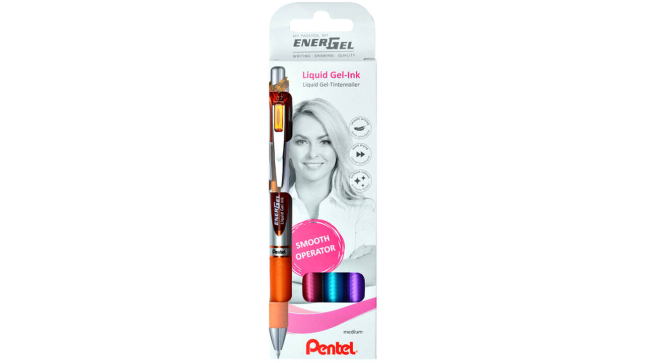 Gelschrijver Pentel BL77 Energel medium oranje-roze-lichtblauw-violet blister à 4 stuks