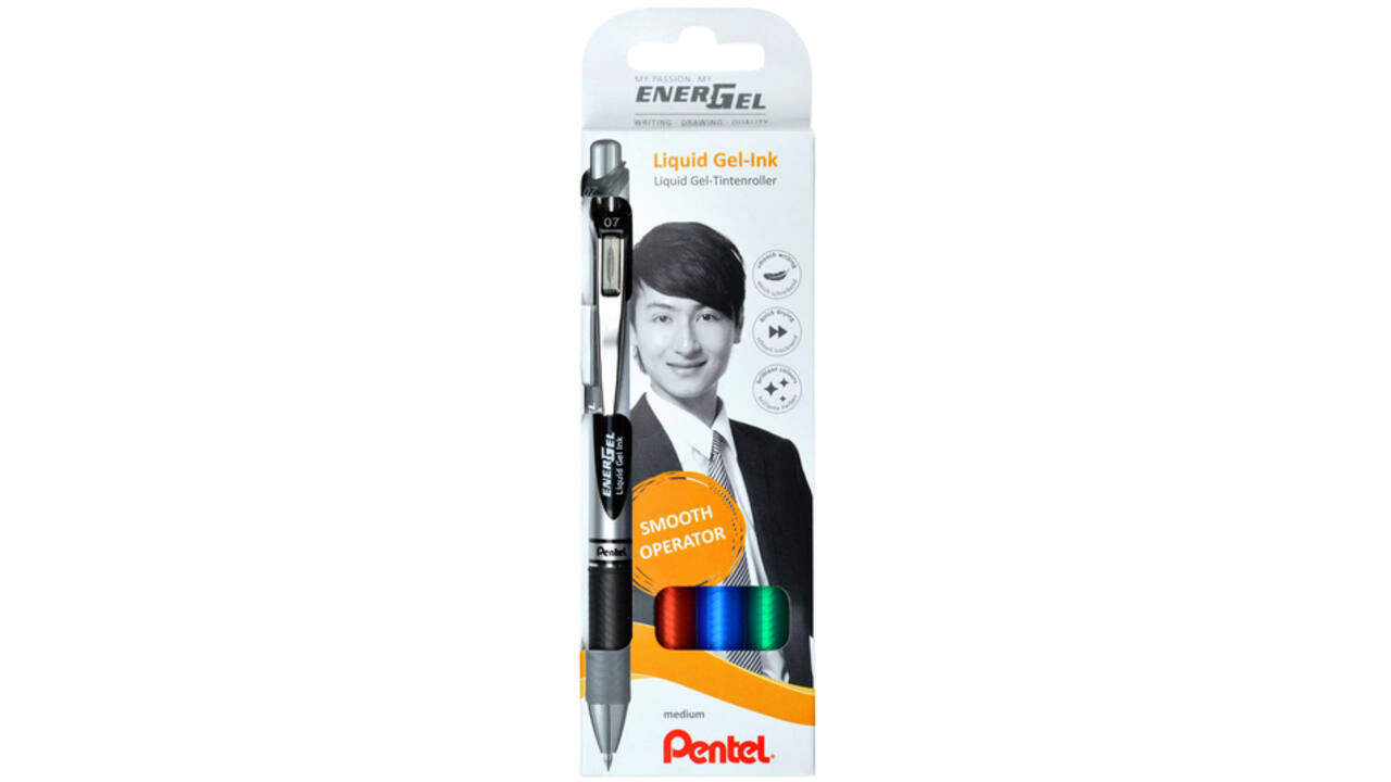Gelschrijver Pentel BL77 Energel medium zwart-rood-blauw-groen blister à 4 stuks