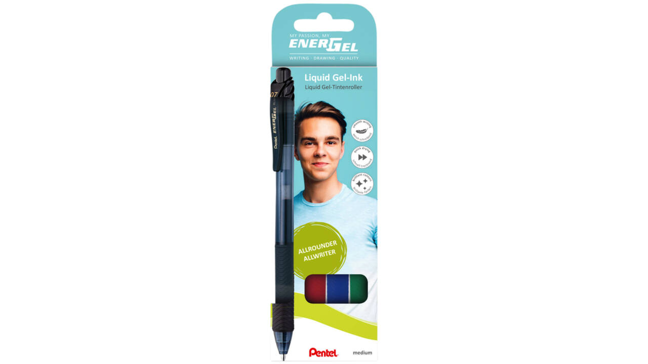 Gelschrijver Pentel BL107 Energel-X medium zwart-rood-blauw-groen blister à 4 stuks