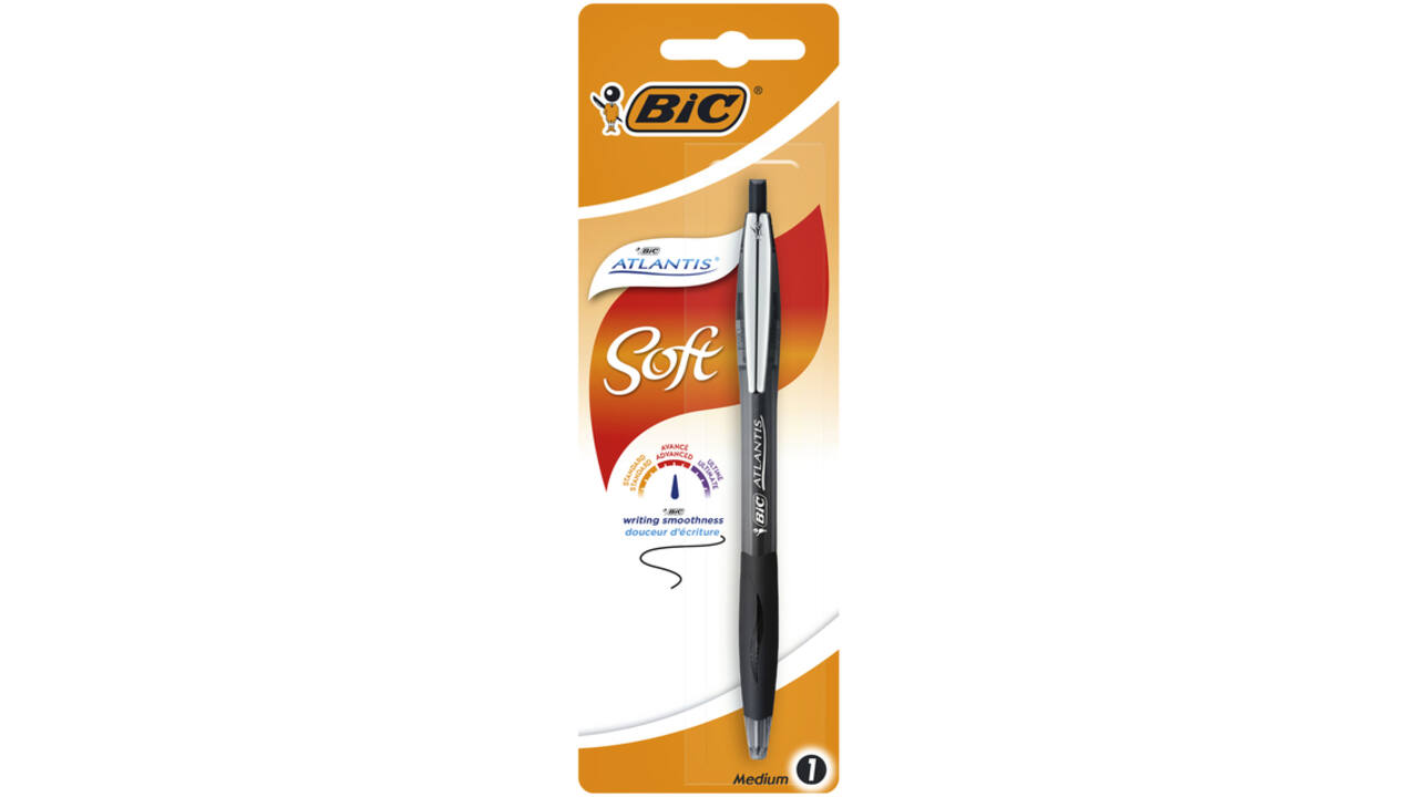 Balpen Bic Atlantis soft metalen clip clic medium zwart bister à 1 stuk