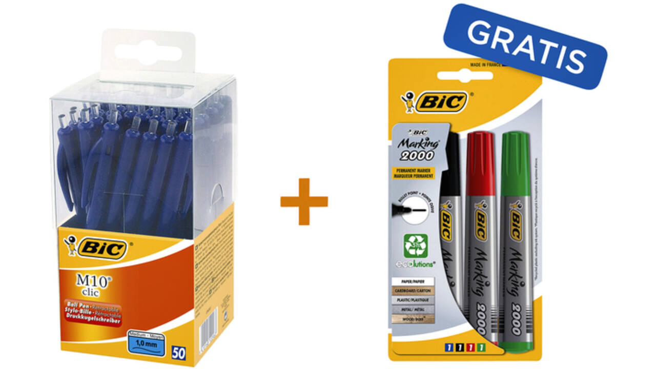 Balpen Bic M10 clic medium blauw valuepack à 50 stuks incl 4 st viltstiften
