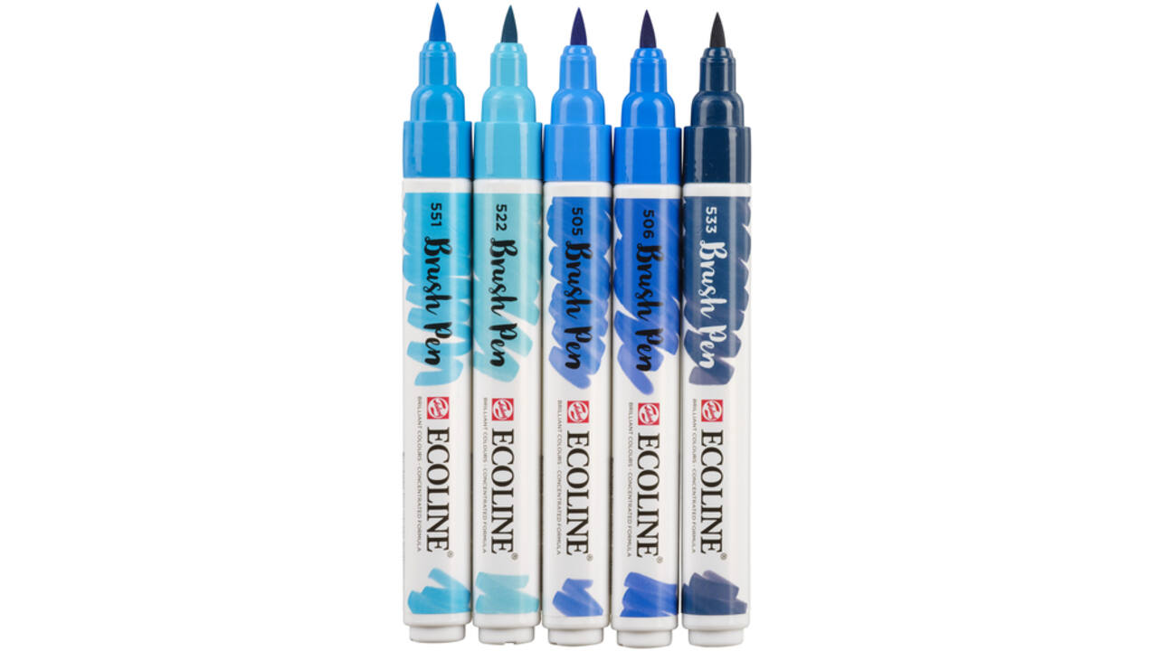 Brushpen Talens Ecoline set-blauw blister à 5 stuks ass
