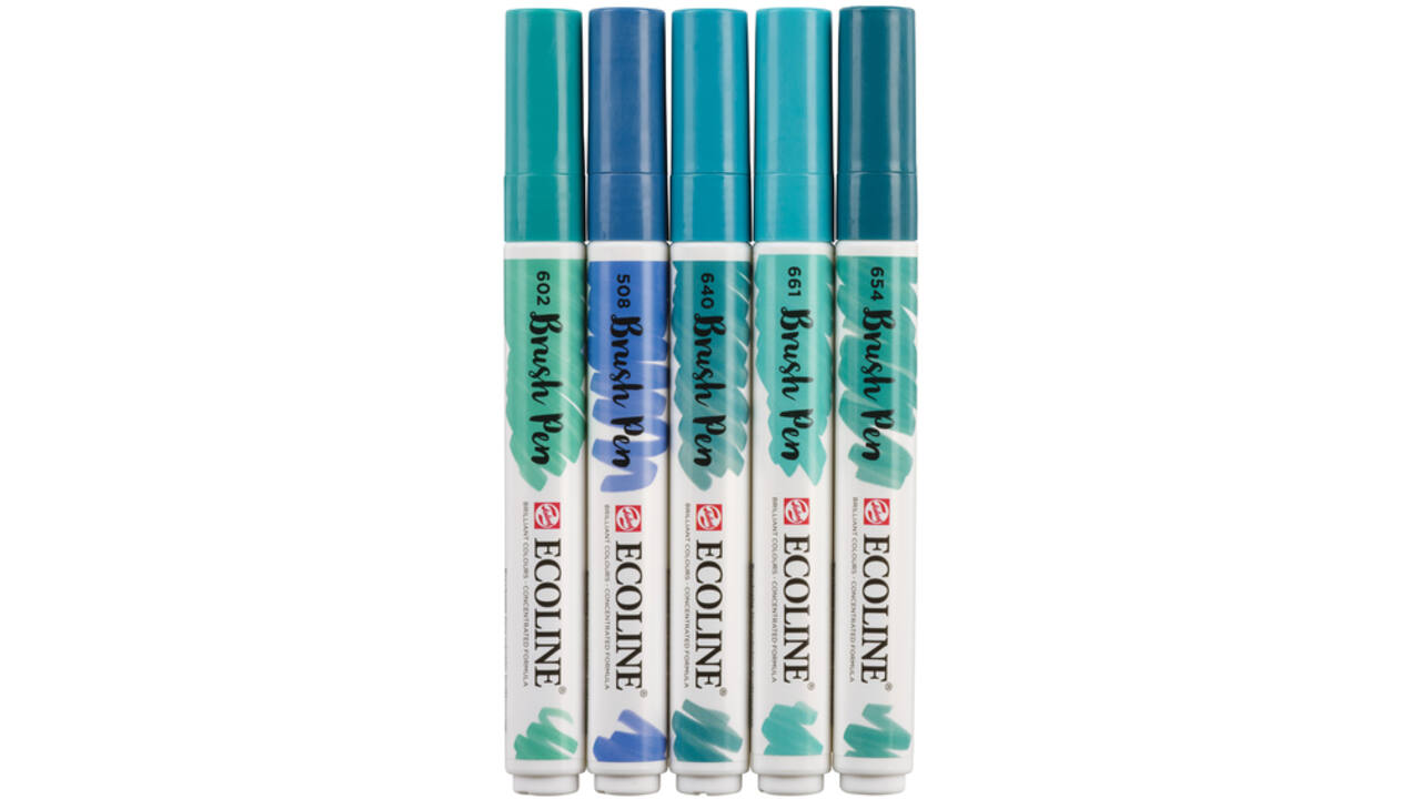 Brushpen Talens Ecoline set-groenblauw blister à 5 stuks ass