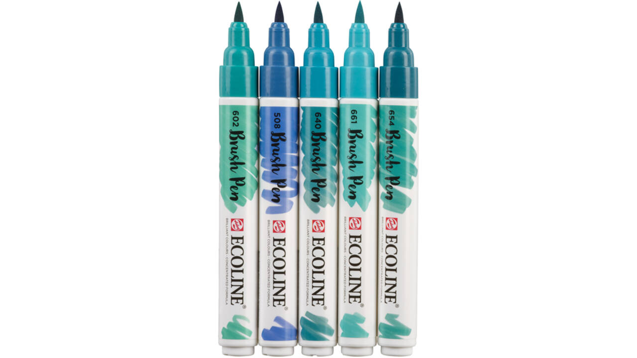 Brushpen Talens Ecoline set-groenblauw blister à 5 stuks ass