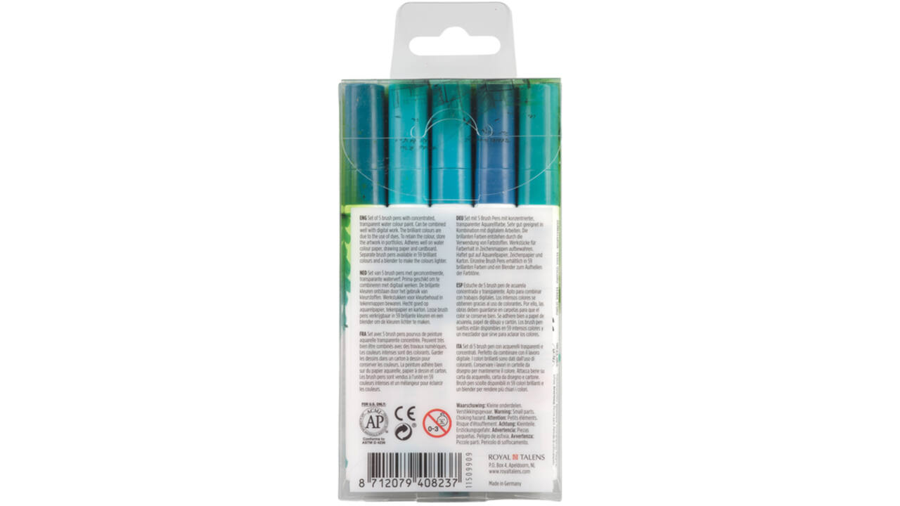 Brushpen Talens Ecoline set-groenblauw blister à 5 stuks ass