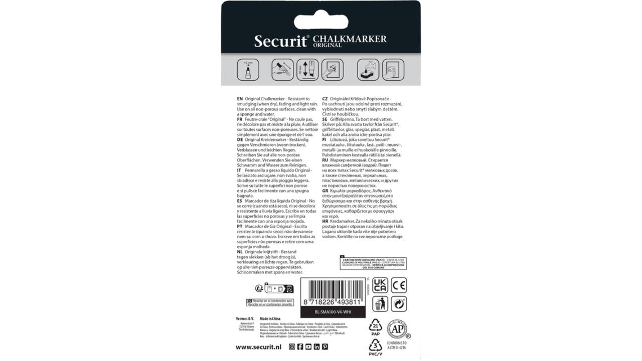 Krijtstift Securit SMA-100 rond wit 1-2mm blister à 4st