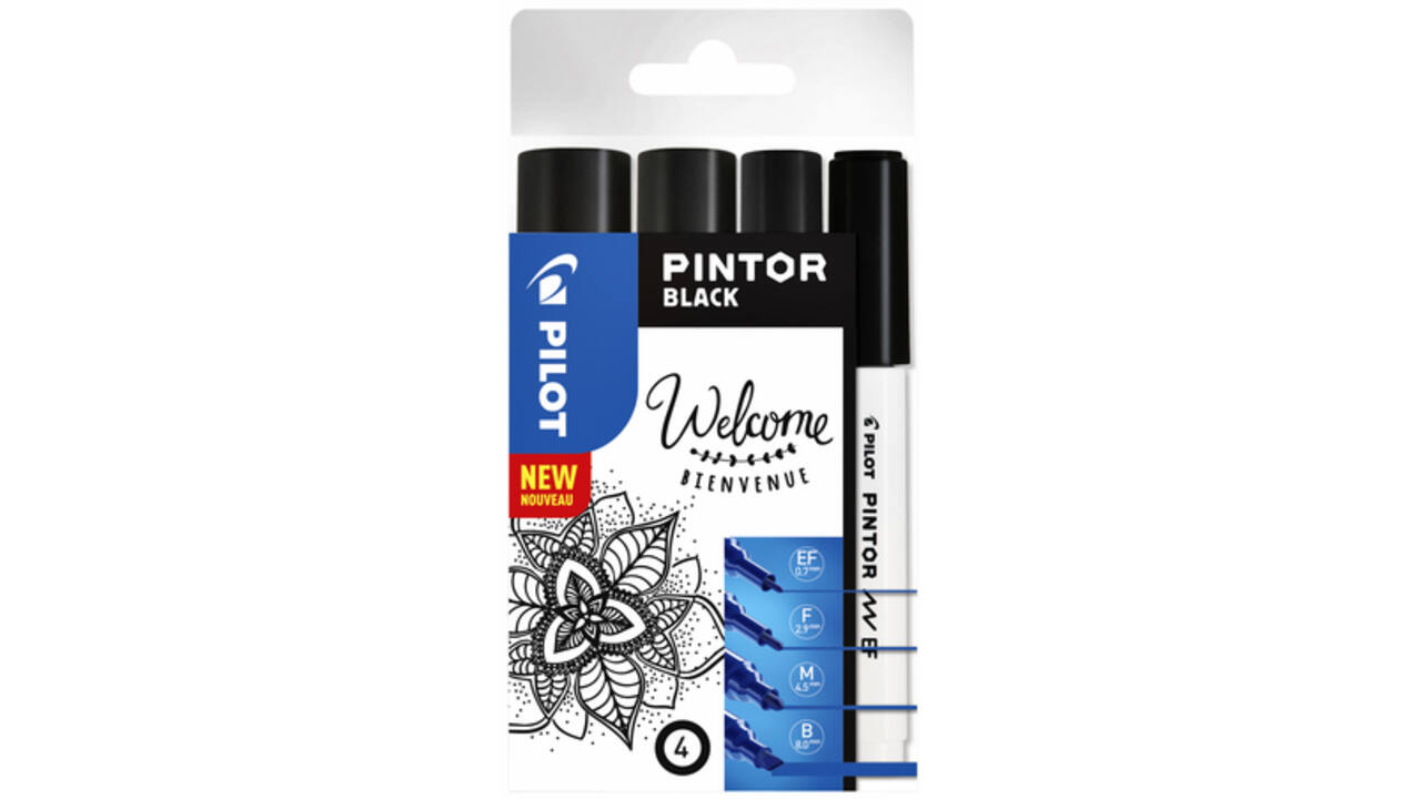 Verfstift Pilot Pintor assorti breedtes zwart etui à 4 stuks