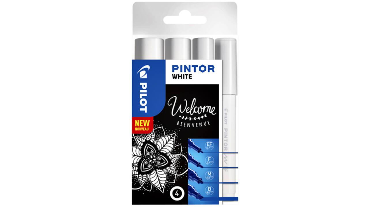 Verfstift Pilot Pintor assorti breedtes wit etui à 4 stuks