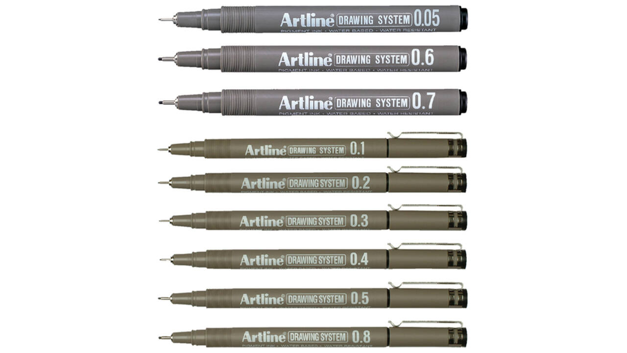 Fineliner Artline technisch etui met 0.2-0.4-0.6-0.8mm zwart