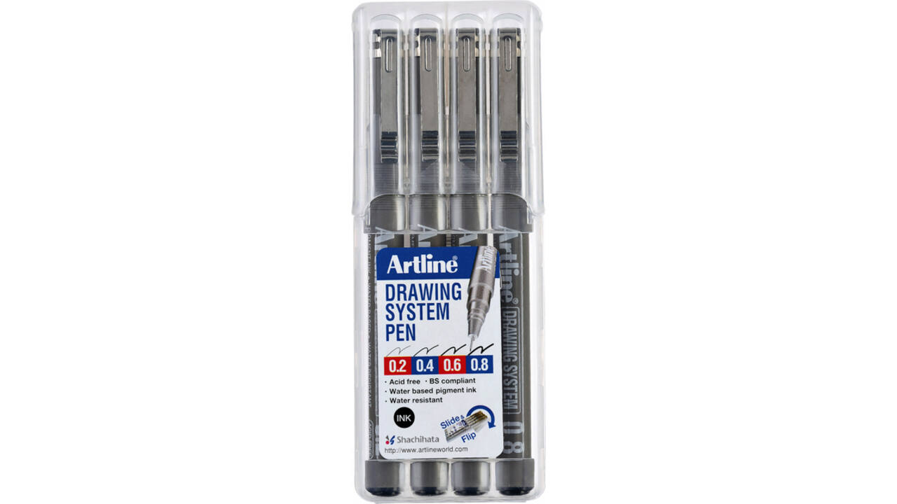 Fineliner Artline technisch etui met 0.2-0.4-0.6-0.8mm zwart