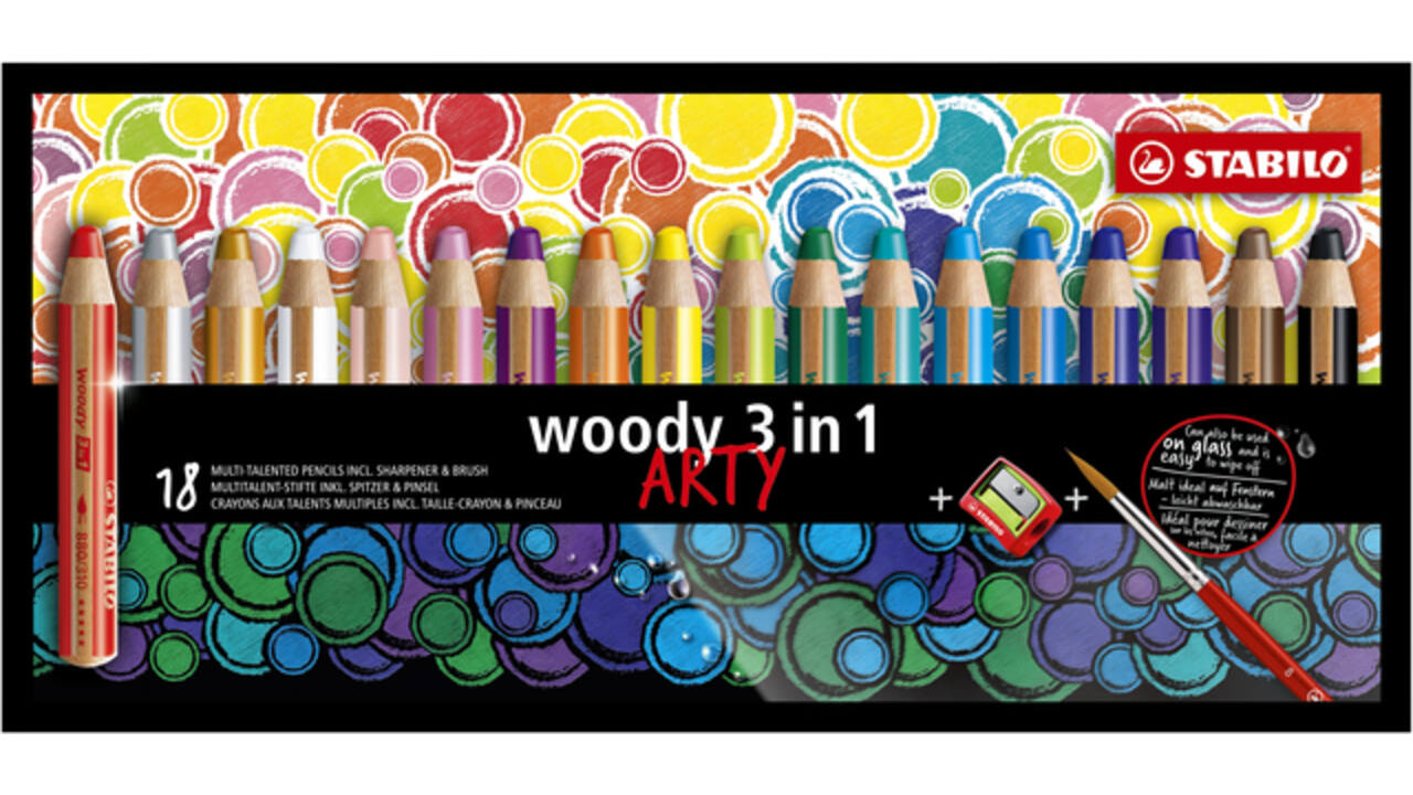Kleurpotloden STABILO 880 woody 3 in 1 Arty + slijper+penseel ass 18st