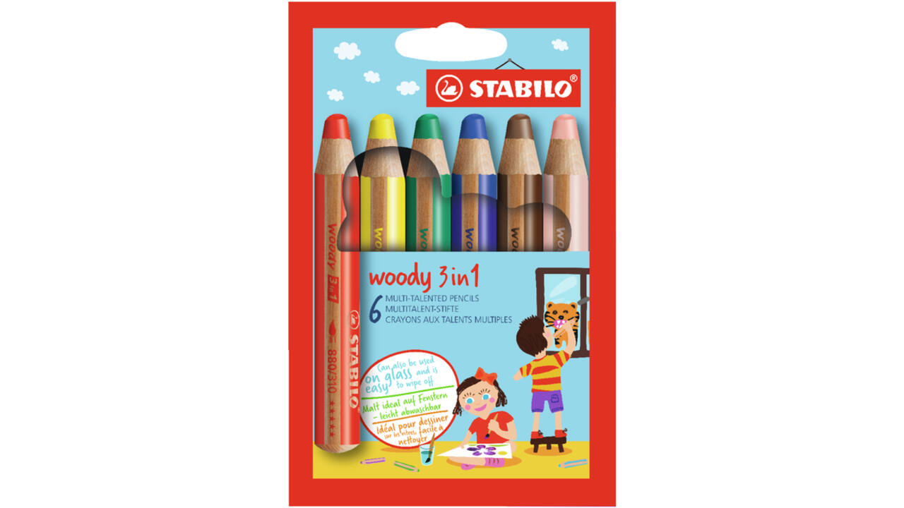 Kleurpotloden STABILO 880 woody 3 in 1 assorti etui à 6 stuks