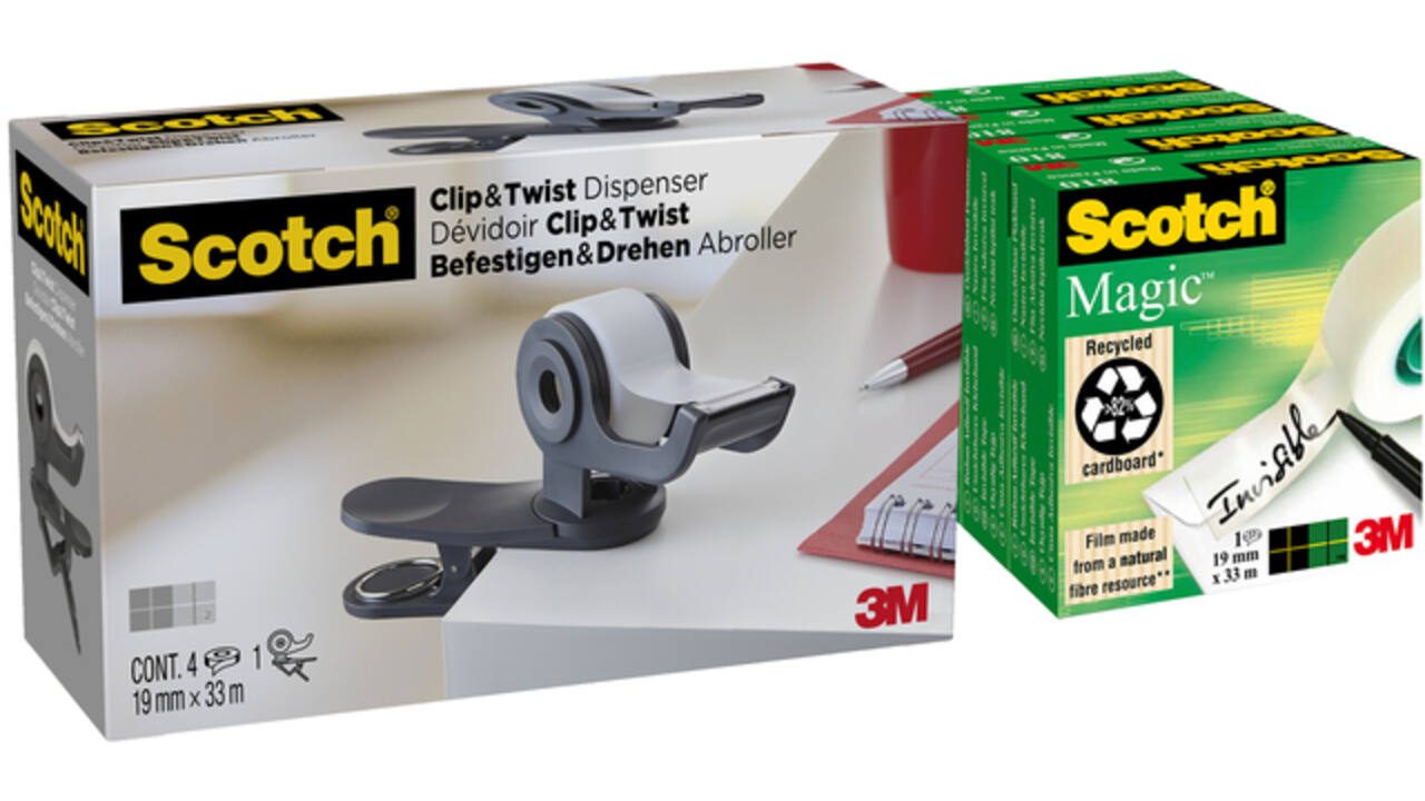Plakbandhouder Scotch Clip C19 donkergrijs + 4rol magic tape 19mmx33m