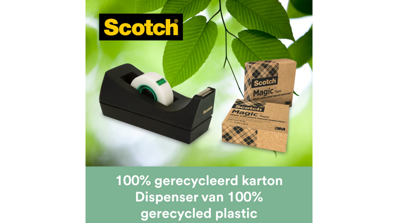 Plakbandhouder Scotch C38 recycled zwart + 3rol magic tape 900 19mmx33m