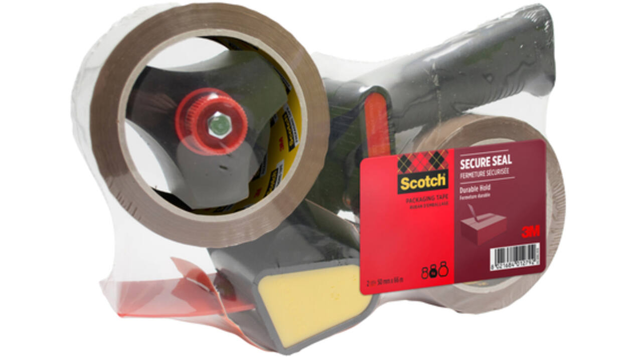 Verpakkingstape dispenser Scotch met 2 rollen Secure seal tape 50mmx66m bruin