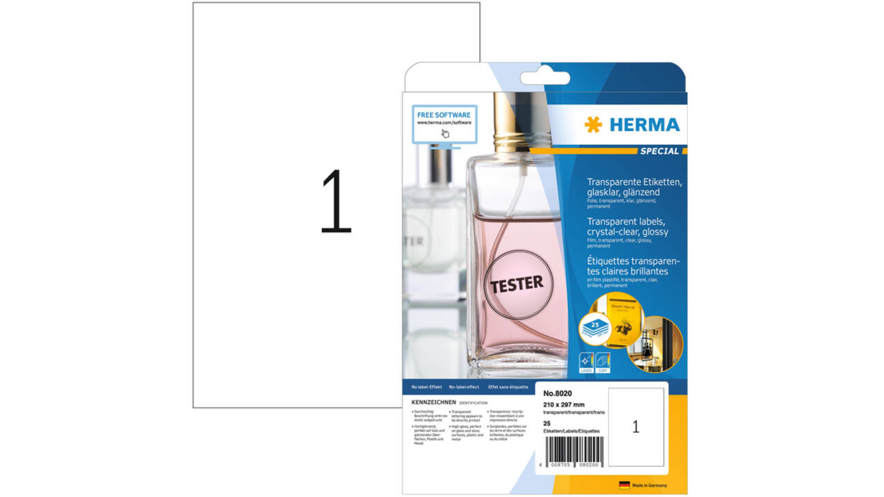 Etiket HERMA 8020 210x297mm transparant 25stuks