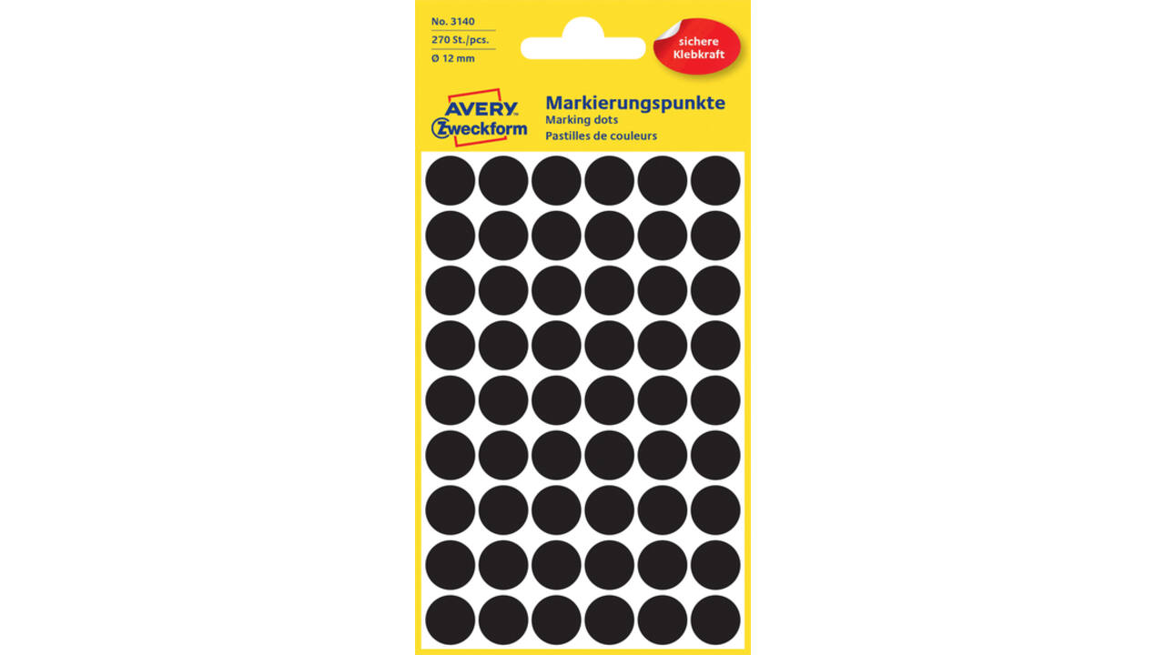 Etiket Avery Zweckform 3140 rond 12mm zwart 270stuks