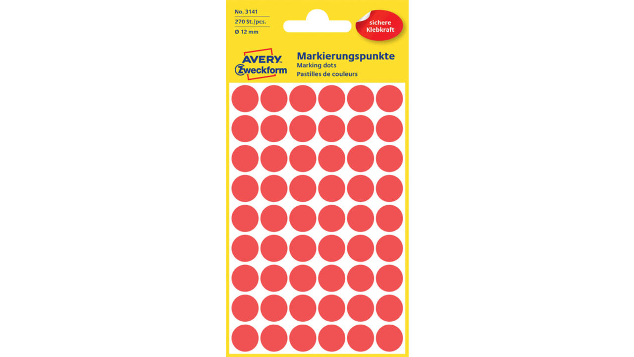 Etiket Avery Zweckform 3141 rond 12mm rood 270stuks