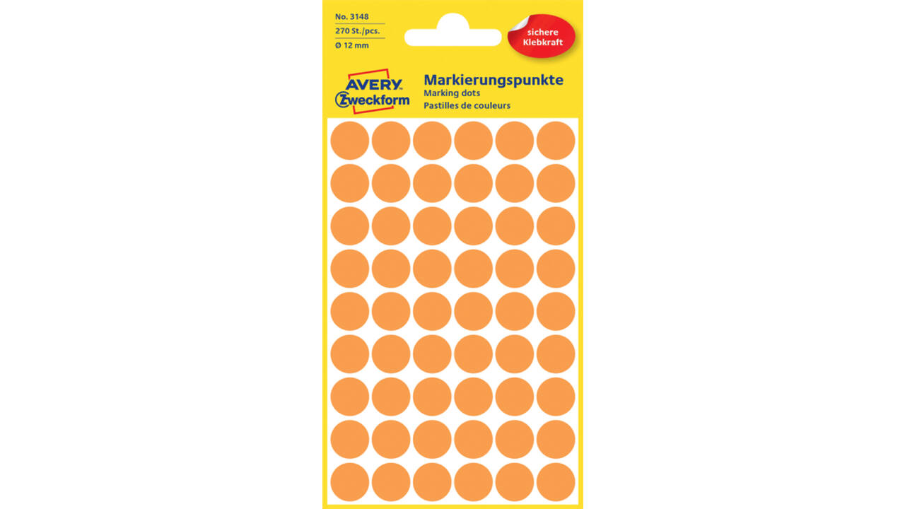 Etiket Avery Zweckform 3148 rond 12mm lichtoranje 270 stuks