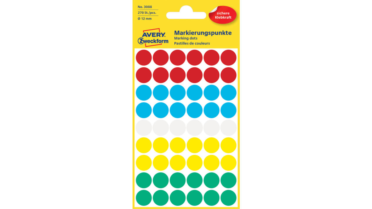 Etiket Avery Zweckform 3088 rond 12mm assorti 270stuks