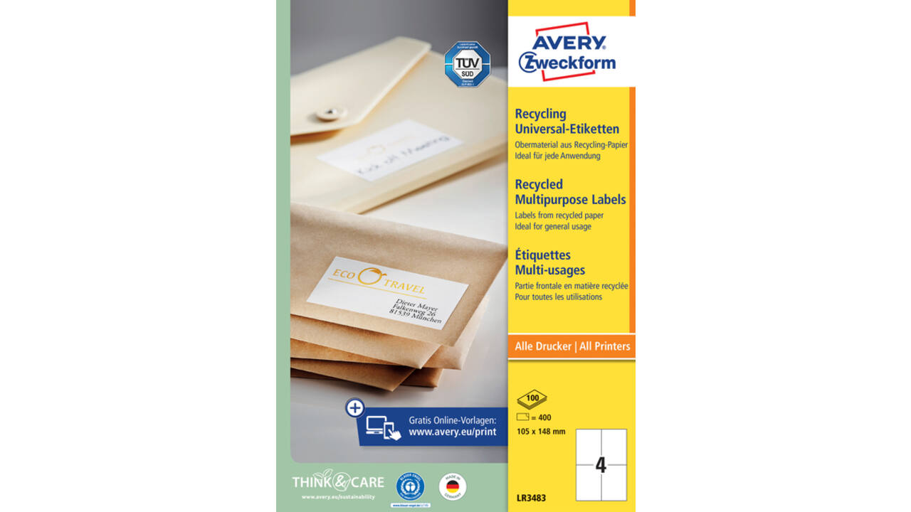 Etiket Avery Zweckform LR3483 105x148mm A6 recycled wit 400stuks