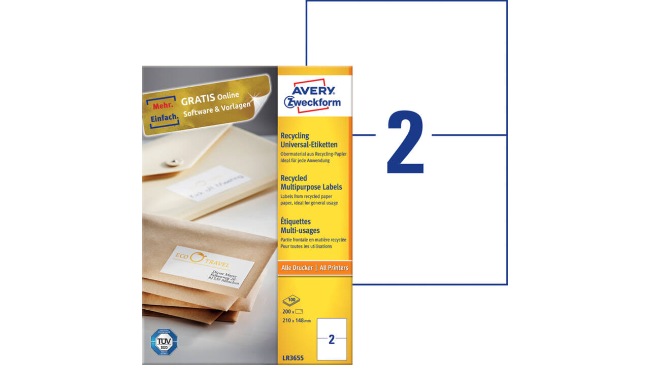 Etiket Avery Zweckform LR3655 210x148mm A5 recycled wit 200stuks