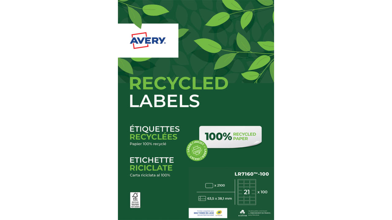 Etiket Avery LR7160-100 63.5x38.1mm recycled wit 2100stuks