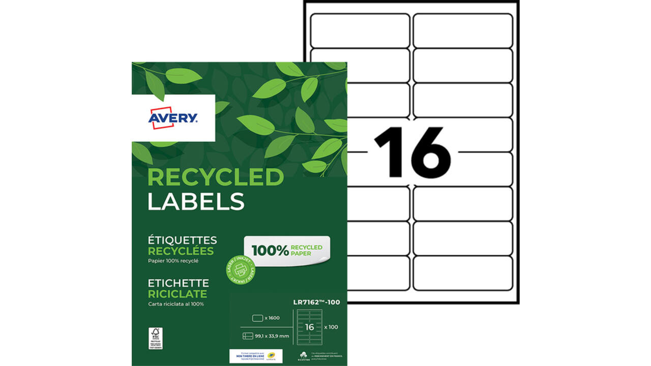 Etiket Avery LR7162-100 99.1x33.9mm recycled wit 1600stuks
