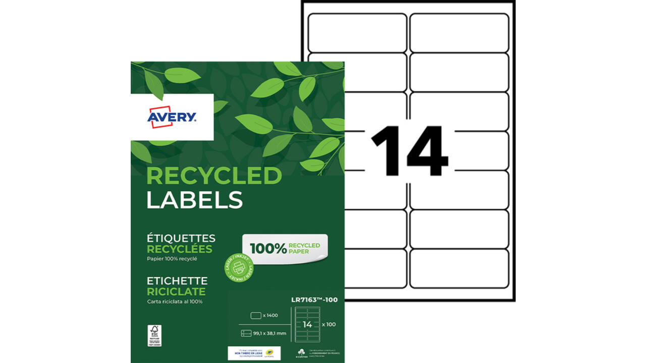 Etiket Avery LR7163-100 99.1x38.1mm recycled wit 1400stuks
