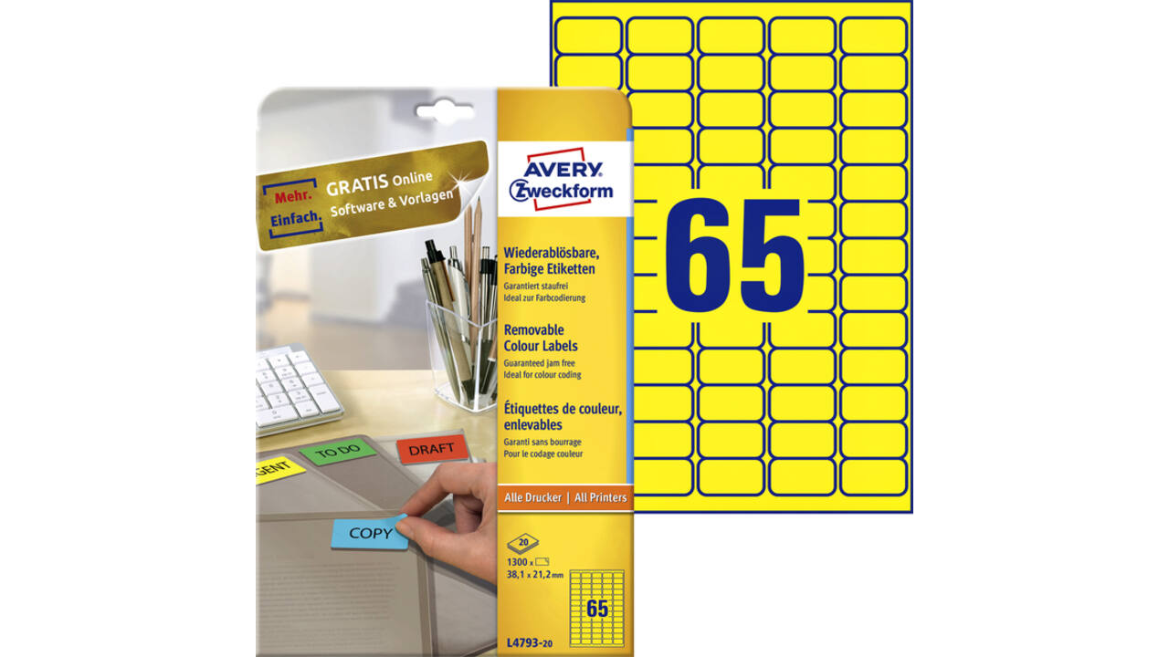 Etiket Avery ZweckformL4793-20 38.1x21.2mm geel 1300stuks