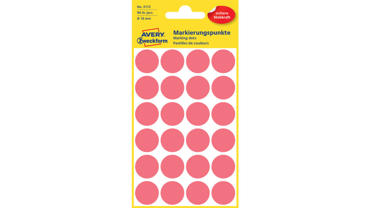 Etiket Avery Zweckform 3172 rond 18mm lichtrood 96stuks