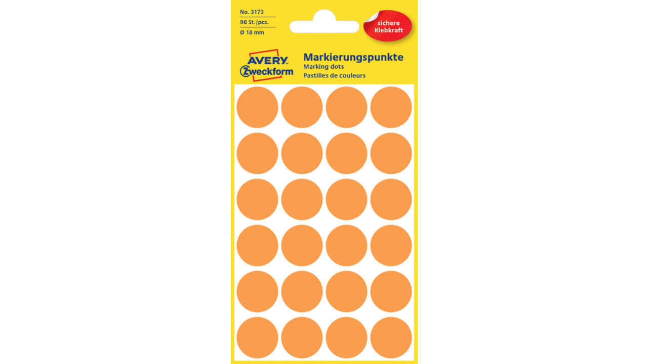 Etiket Avery Zweckform 3173 rond 18mm lichtoranje 96stuks